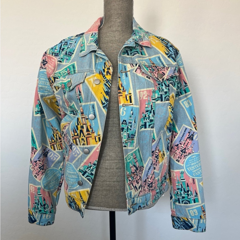 Disney Parks Castles from around the World Stamps Denim Jacket Size SM